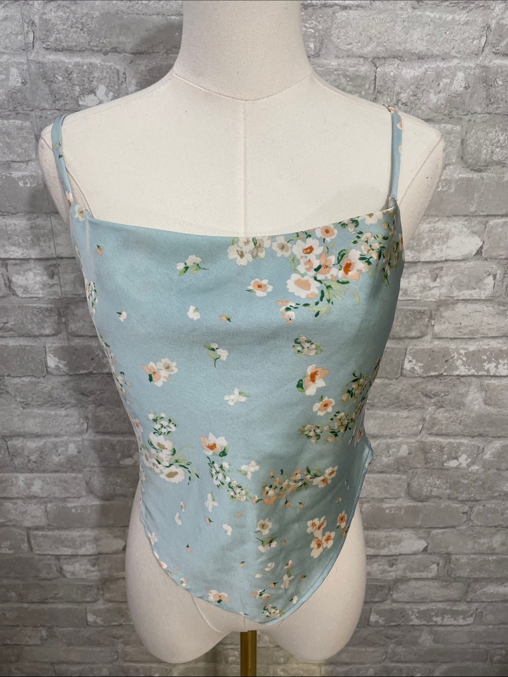 Audrey 3+1 Light Blue Floral Satin Cowl Neck Floral Scarf Tank